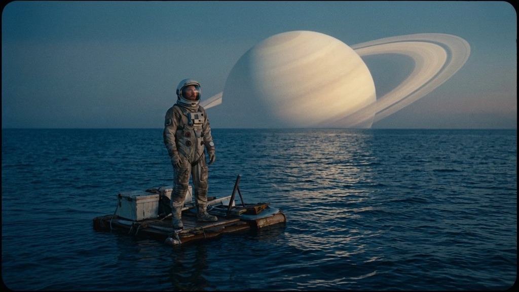 An astronaut at sea beneath a ringed planet