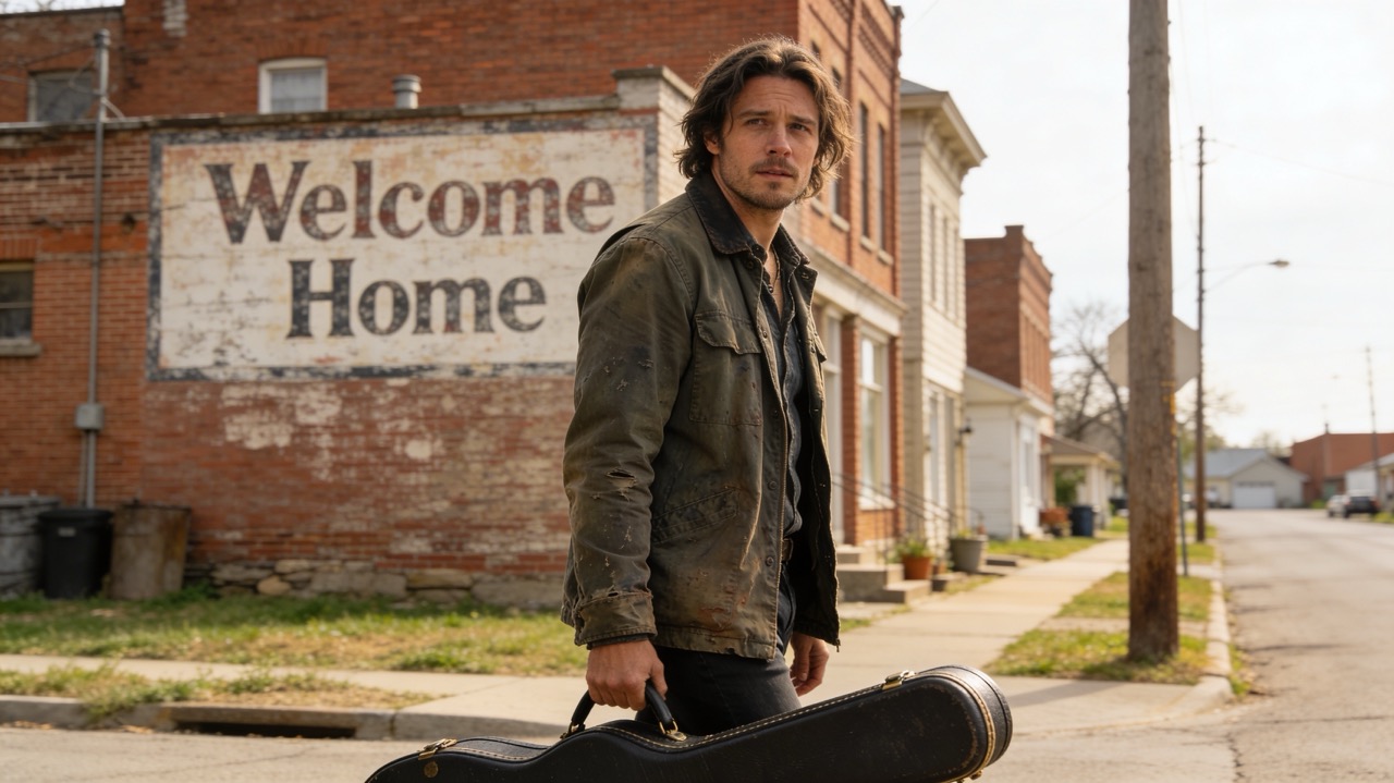 A musician carrying a guitar case through his hometown