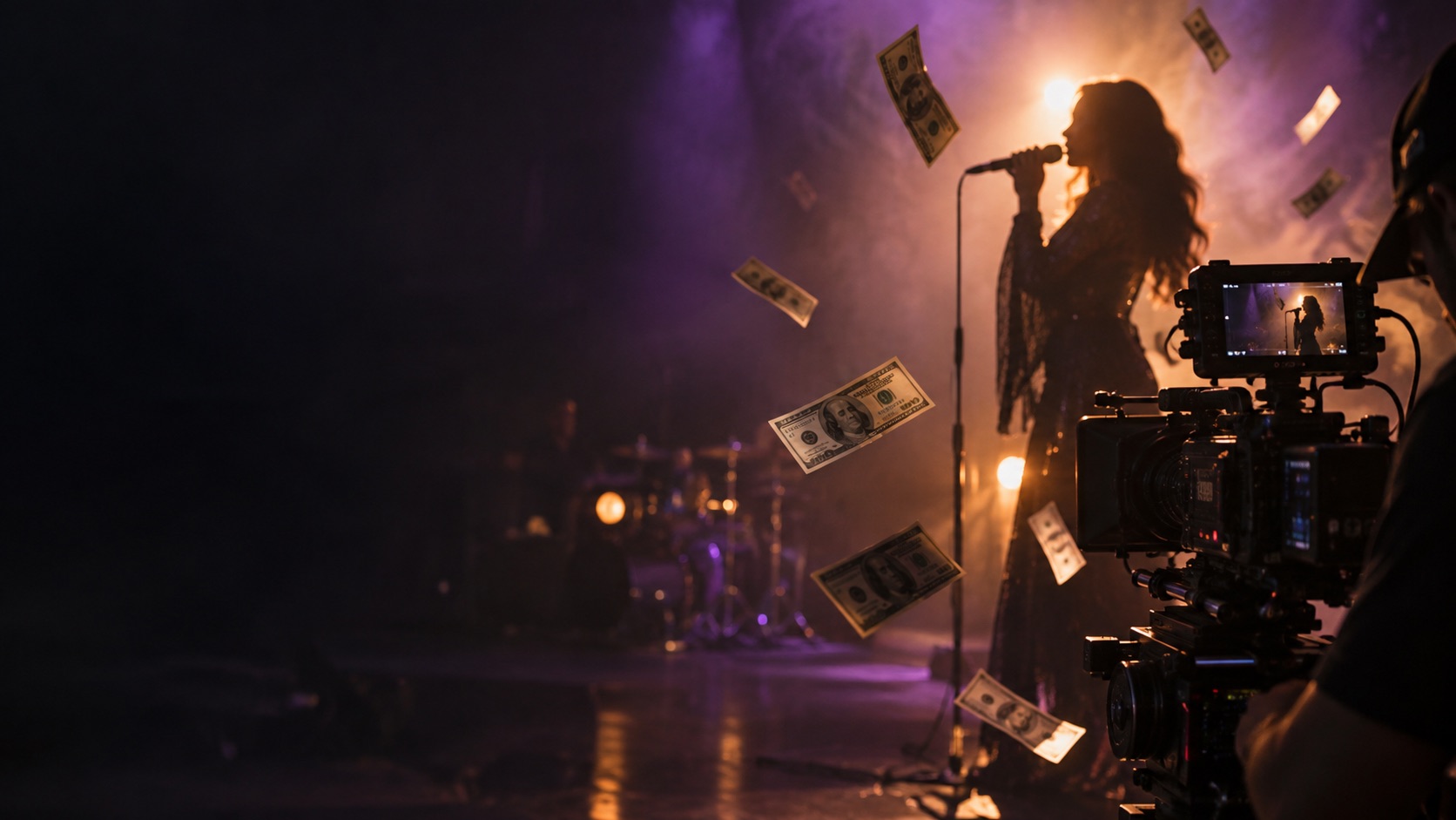Music video production with a singer, cinema camera and floating dollar banknotes